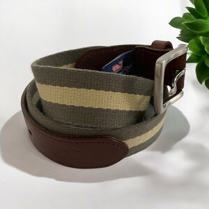 Men’s Vineyard Vines NWT Olive Green Stripe Canvas Genuine Leather D‎ Ring Belt